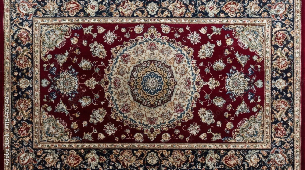 Red oriental rug with intricate floral pattern. Red oriental rug with intricate floral pattern.