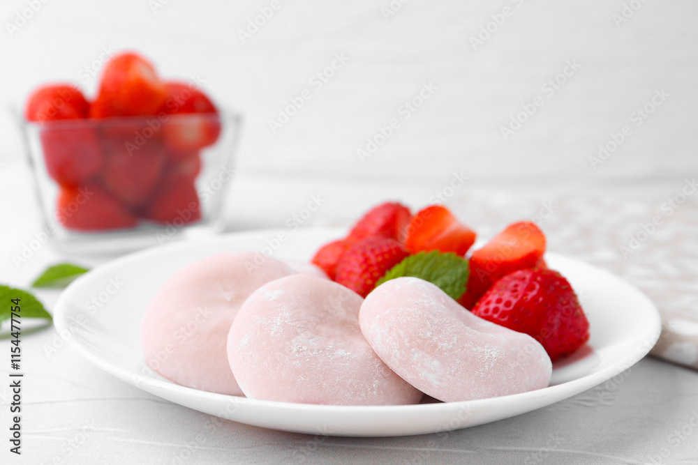 Delicious mochi and strawberries on white table, closeup Delicious mochi and strawberries on white table, closeup