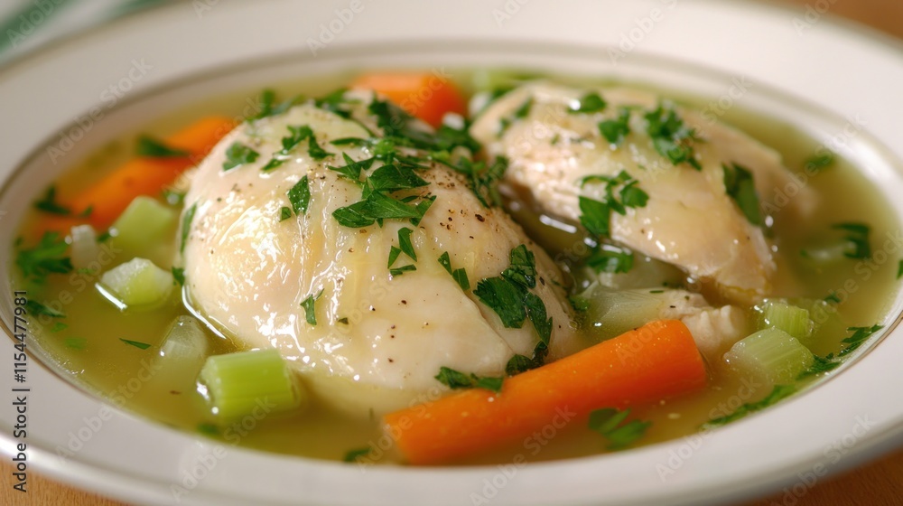 A whole chicken slow-cooked in a broth, served with carrots, celery, and parsley for a comforting, healthy dish A whole chicken slow-cooked in a broth, served with carrots, celery, and parsley for a comforting, healthy dish