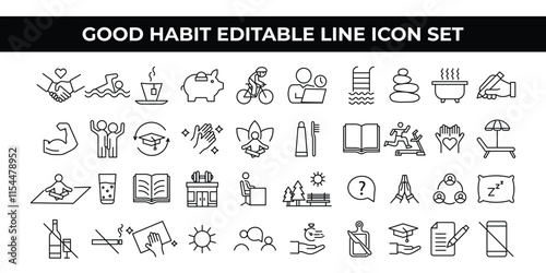 Good Habit Icon Set featuring editable line icons of healthy habits, fitness, mindfulness, and positive behaviors. Perfect for wellness apps, self-improvement campaigns, and educational designs.