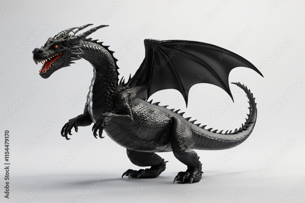 Fototapeta premium Majestic Black Dragon Render: A 3D Model of a Mythical Creature with Intricate Details