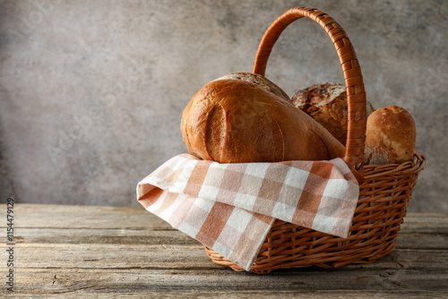 Different freshly baked bread loafs in wicker basket on wooden table, space for text