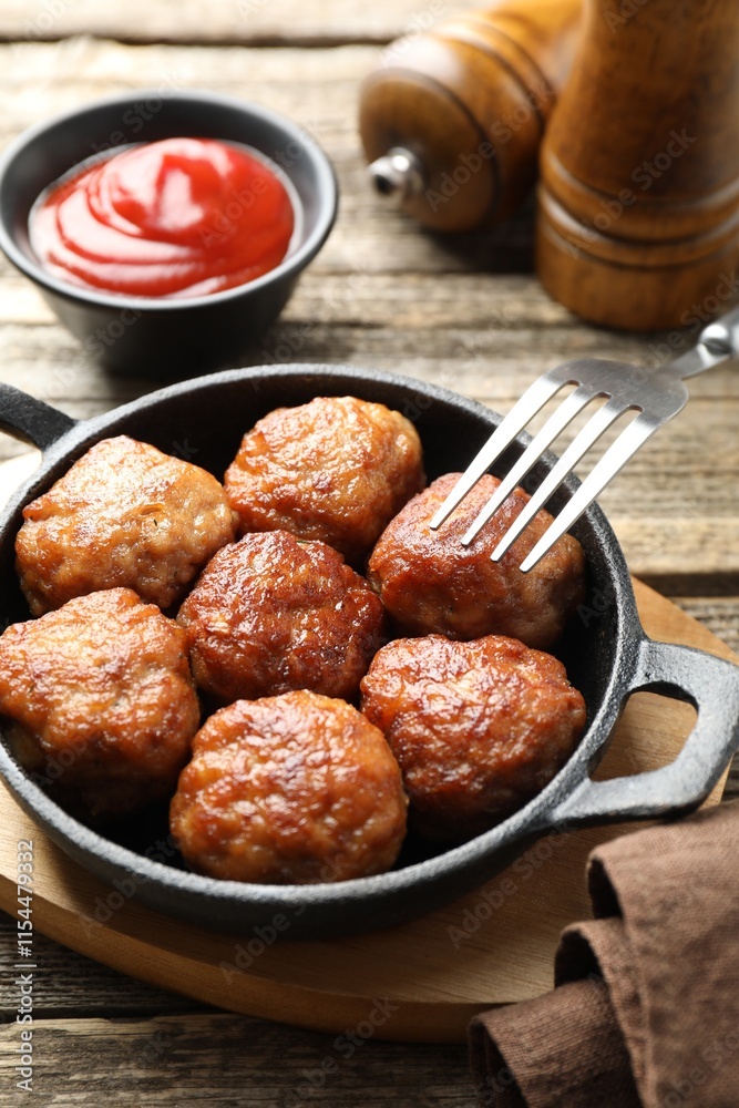 Tasty meatballs in baking dish served on wooden table, closeup Tasty meatballs in baking dish served on wooden table, closeup