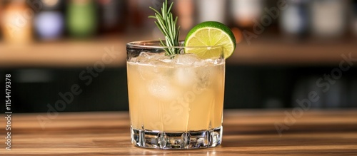 A single gin and tonic with lime and rosemary garnish, minimalist modern bar setting, crystal-clear details,