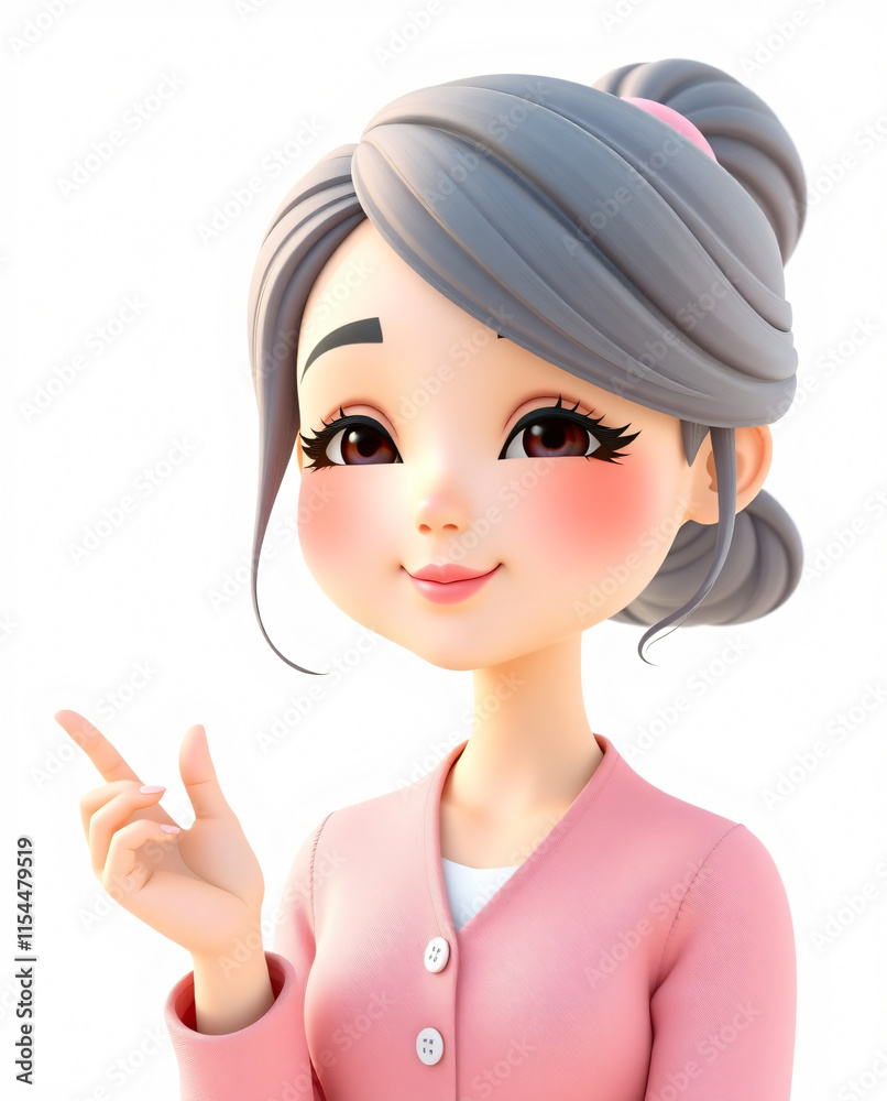 Charming 3D Render of a Cute Cartoon Girl with Grey Hair in a Pink Jacket, Pointing to Something Charming 3D Render of a Cute Cartoon Girl with Grey Hair in a Pink Jacket, Pointing to Something