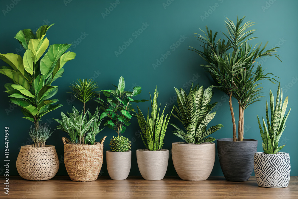 Stylish potted plants on wooden shelves against a green wall for interior design, home decoration, and botanical inspiration Stylish potted plants on wooden shelves against a green wall for interior design, home decoration, and botanical inspiration