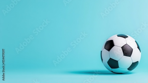 An iconic black and white soccer ball stands out against a bright cyan background, symbolizing sport and leisure, perfect for fans of classic, minimalist design. photo