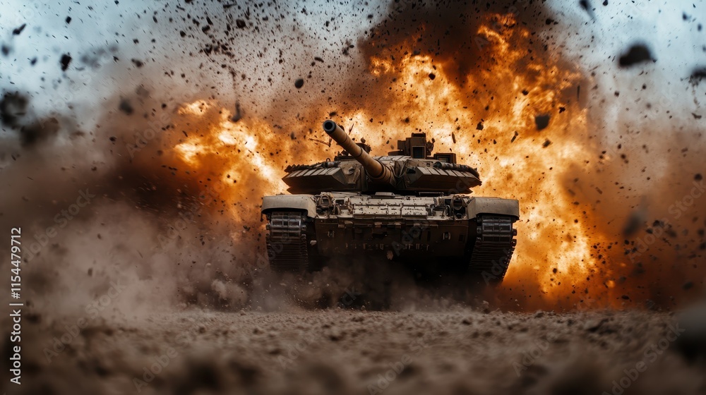 A dominant tank pushes through with explosive mayhem in the background, pushing forward amidst fiery chaos with scattered dirt and intense violence. A dominant tank pushes through with explosive mayhem in the background, pushing forward amidst fiery chaos with scattered dirt and intense violence.