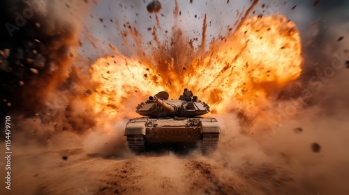 With a dynamic rush of energy, a tank charges through flames and debris demonstrating the sheer force of military might amidst the thick of battle. photo