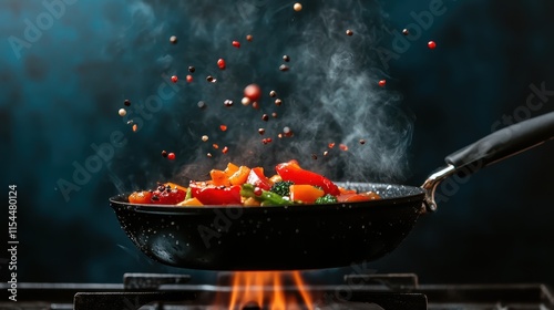 A vibrant medley of vegetables, including peppers and broccoli, being expertly sautéed in a frying pan, with fiery flames and steam rising dramatically around them. photo