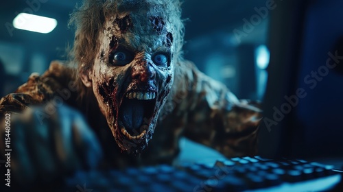 A terrifying zombie leans forward, roaring at a computer screen, eerily lit in cold tones, illustrating a gripping horror scene reminiscent of modern nightmares. photo