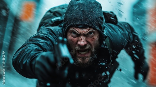 An angry individual, in all-black attire with a beanie, charges forward holding a pistol, expressing fierce determination and intensity in a dramatic, snowy setting. photo