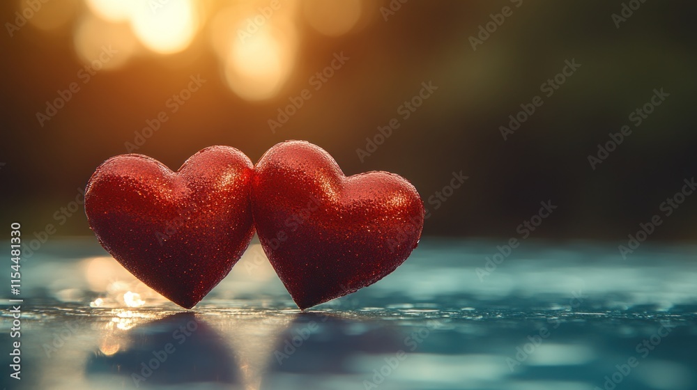 Fototapeta premium Two red hearts touching, sunset bokeh.