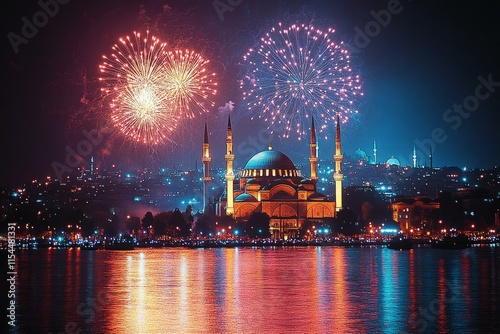 New Year fireworks over Istanbul cityscape reflecting on Bosphorus, festive celebration theme photo