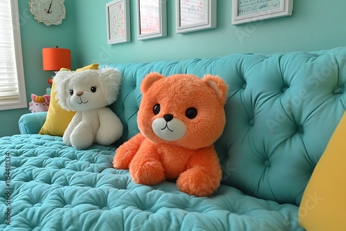 Two Plush Teddy Bears Resting on a Turquoise Sofa photo