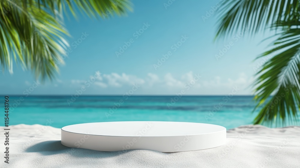 A sleek white platform is centered on a sunny beach with turquoise ocean waters, enhancing the tropical paradise theme under gently swaying green palm leaves. A sleek white platform is centered on a sunny beach with turquoise ocean waters, enhancing the tropical paradise theme under gently swaying green palm leaves.