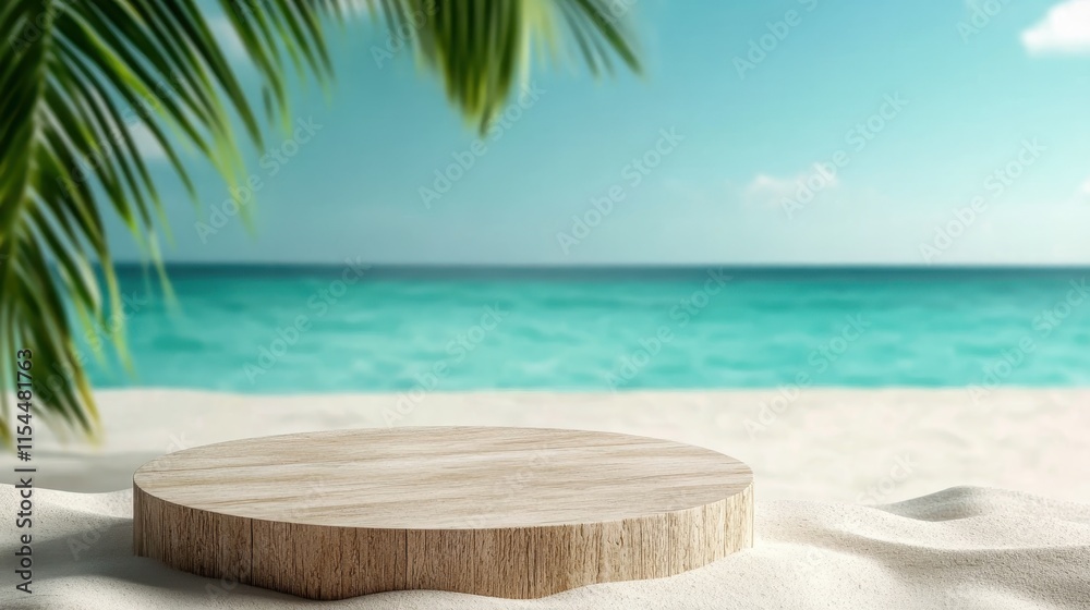 A wooden platform sits on a sandy beach, with calming blue ocean waters and palm leaves framing the scene, creating a serene and picturesque tropical landscape. A wooden platform sits on a sandy beach, with calming blue ocean waters and palm leaves framing the scene, creating a serene and picturesque tropical landscape.