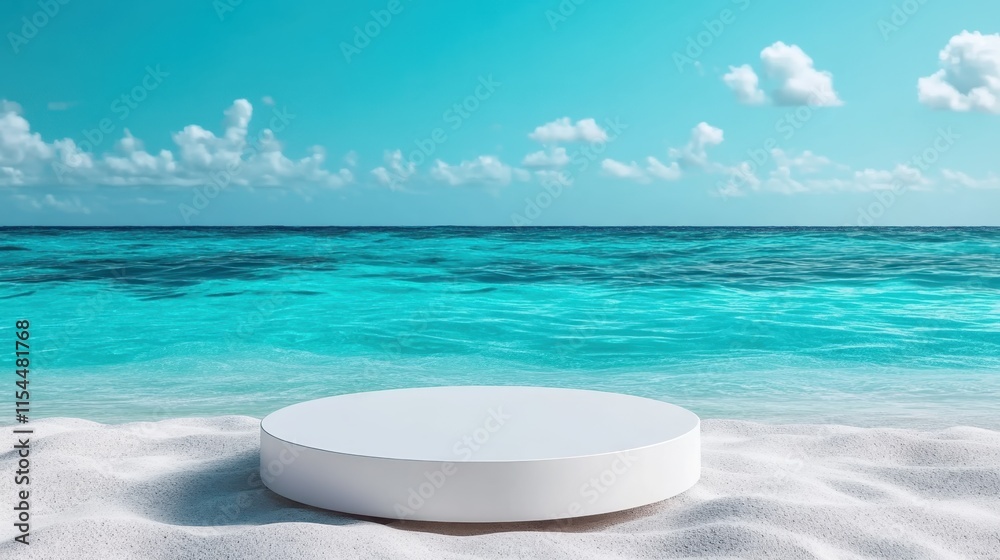 Centered on the bright, sandy beach is a round white platform, offering a striking contrast to the vivid turquoise ocean waves under a clear blue sky. Centered on the bright, sandy beach is a round white platform, offering a striking contrast to the vivid turquoise ocean waves under a clear blue sky.