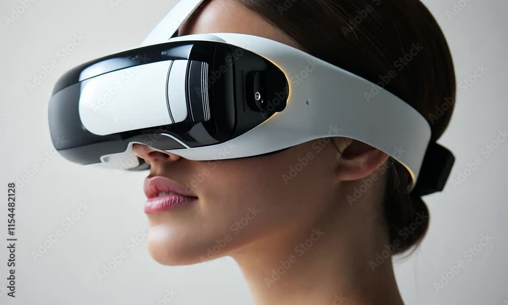 Profile of a Young Woman with Futuristic Virtual Reality Glasses Reflecting Innovation and Technology in Modern Digital Experiences Profile of a Young Woman with Futuristic Virtual Reality Glasses Reflecting Innovation and Technology in Modern Digital Experiences