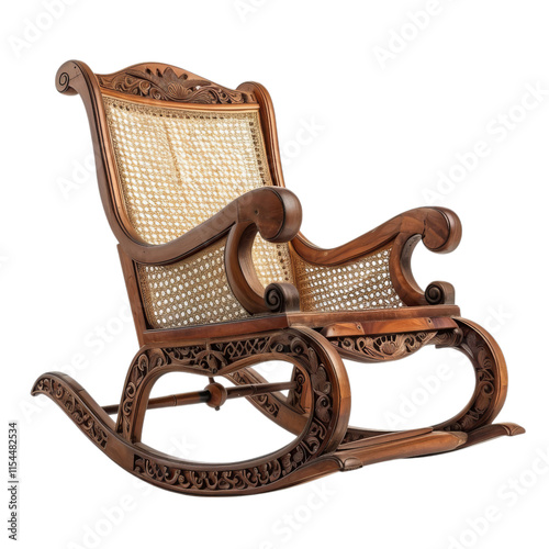 PNG of Elegant wooden rocking chair with intricate carvings and woven seat design, White or Transparent Background photo