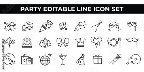 Party Icon Set with editable line icons of balloons, cakes, decorations, and party accessories. Perfect for event branding, party planners, posters, invitations, and promotional designs.