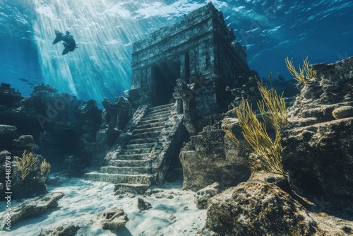 A blockbuster movie poster of ancient underwater ruins with bioluminescent plants, deep teal waters, mysterious exploration theme