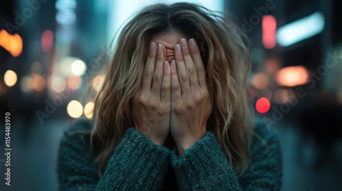 An anxious woman hides her face with her hands on a lively city street, embodying the struggle and overwhelm of modern urban life in a vivid depiction. photo