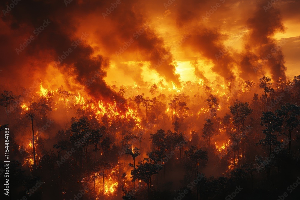 A dramatic forest fire engulfing trees under a fiery sky at sunset. A dramatic forest fire engulfing trees under a fiery sky at sunset.