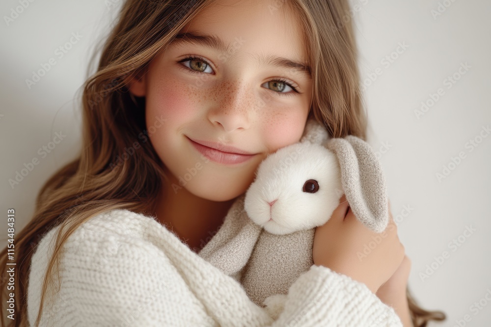 A joyful child hugs a soft bunny toy, embodying the warmth and happiness of Easter, surrounded by a tranquil setting that evokes cherished childhood feelings of comfort and innocence