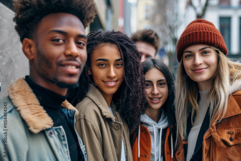multiethnic group of friends looking at camera and smiling in city multiethnic group of friends looking at camera and smiling in city