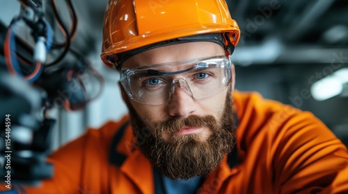 A technician dressed in orange safety gear meticulously adjusts a machine with precision and care in an industrial environment, emphasizing professionalism and skill. photo