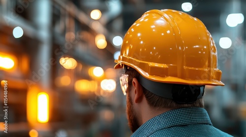 A male worker in a yellow hard hat observes the industrial setting in a factory, symbolizing safety and concentration in a manufacturing environment. photo