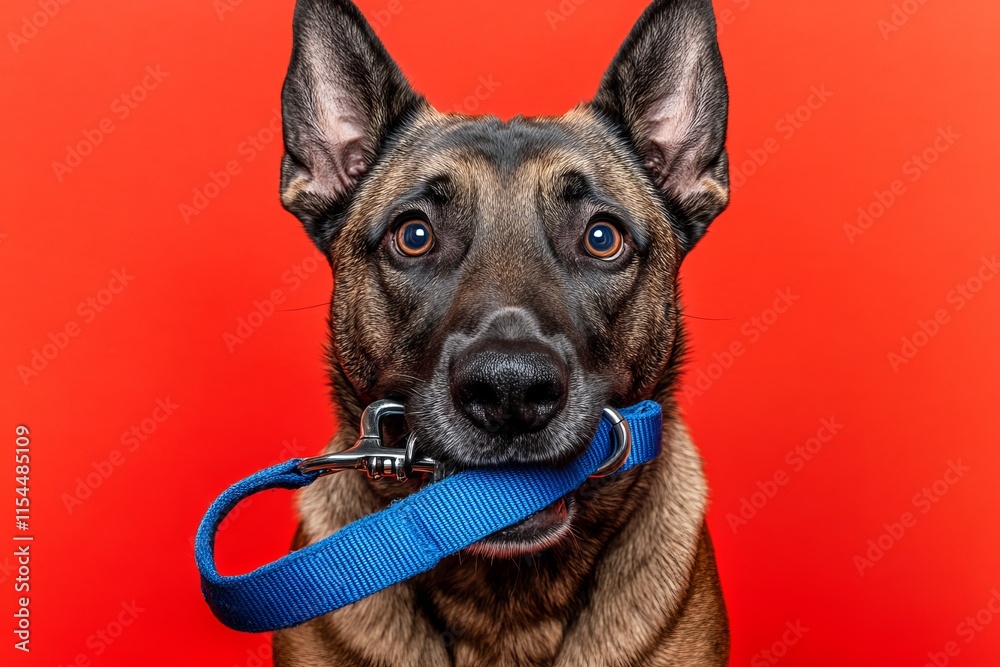 Obraz premium Sitting dog with a joyful demeanor, biting on the leash, eager to go for a walk