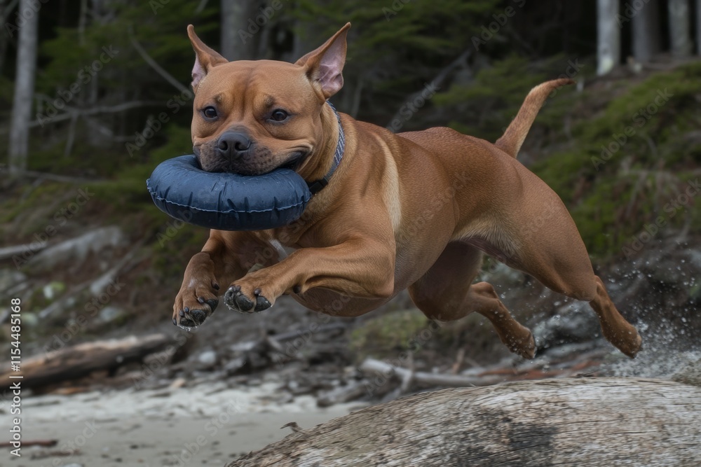 In a hunting dog training scenario, a red toller retriever leaps over a tree, holding a hunting dummy In a hunting dog training scenario, a red toller retriever leaps over a tree, holding a hunting dummy