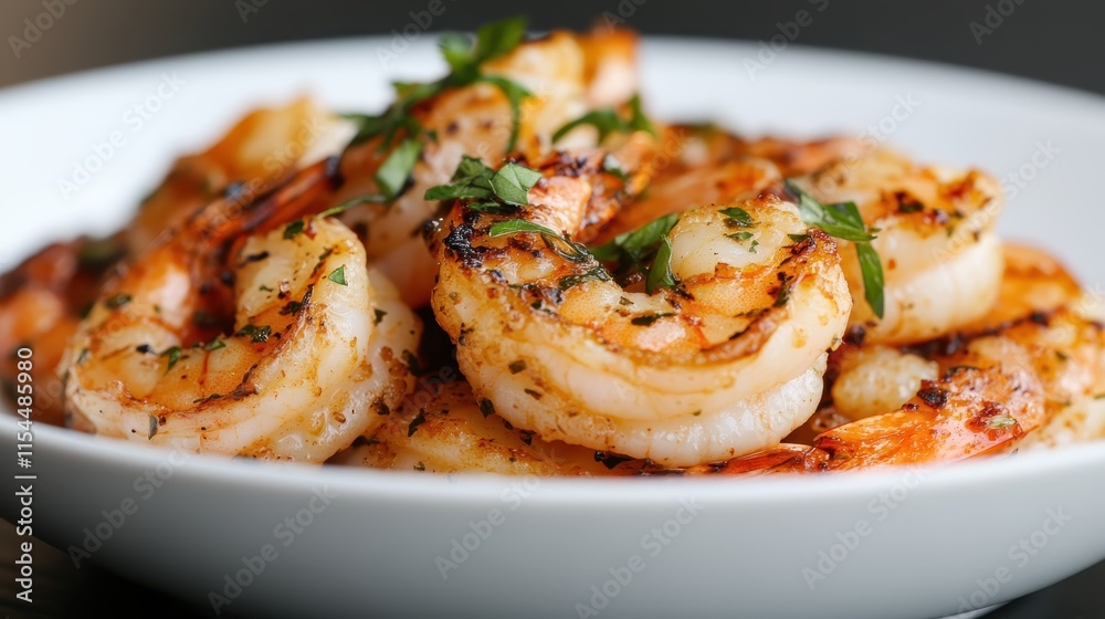 This image showcases deliciously grilled shrimp, perfectly seasoned and served on a pristine white plate, garnished with fresh herbs, offering a delightful culinary experience. This image showcases deliciously grilled shrimp, perfectly seasoned and served on a pristine white plate, garnished with fresh herbs, offering a delightful culinary experience.