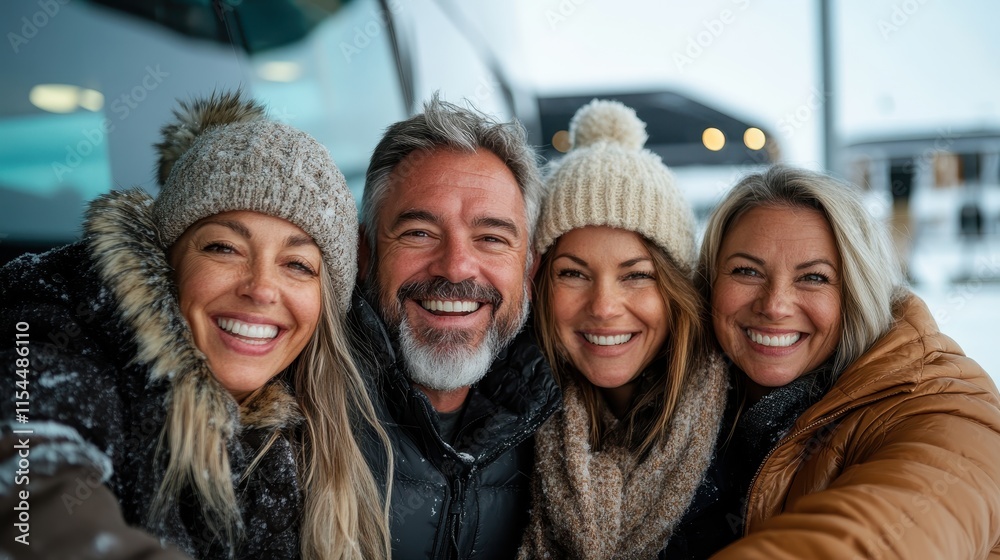 A joyful group of friends bundled up in winter clothing, smiling warmly as they enjoy the snowy outdoor surroundings, capturing a moment of camaraderie and joy. A joyful group of friends bundled up in winter clothing, smiling warmly as they enjoy the snowy outdoor surroundings, capturing a moment of camaraderie and joy.