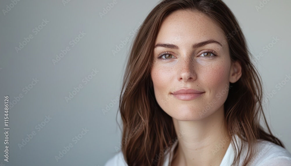 A beautiful woman with flawless skin, her subtle expression and natural beauty shining through in a relaxed, intimate studio portrait. A beautiful woman with flawless skin, her subtle expression and natural beauty shining through in a relaxed, intimate studio portrait.