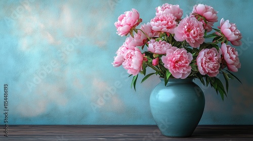 Wallpaper Mural Pink peonies in a teal vase against a blue-green wall. Torontodigital.ca