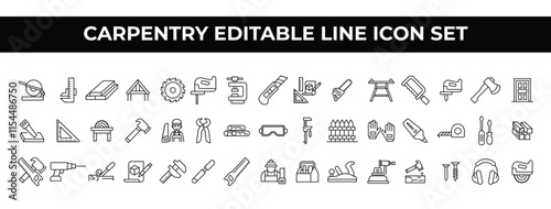 Carpentry Icon Set featuring editable line icons of tools, woodwork, and construction items. Ideal for carpentry services, branding, brochures, websites, and promotional materials.