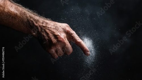 A dramatic visual of a hand gesture pointing into the air, creating a cloud of dust, symbolizing direction, creativity, and the ephemeral nature of moments.