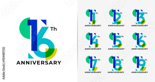 Set of anniversary logo design. Birthday number with abstract, geometric, and colorful concept