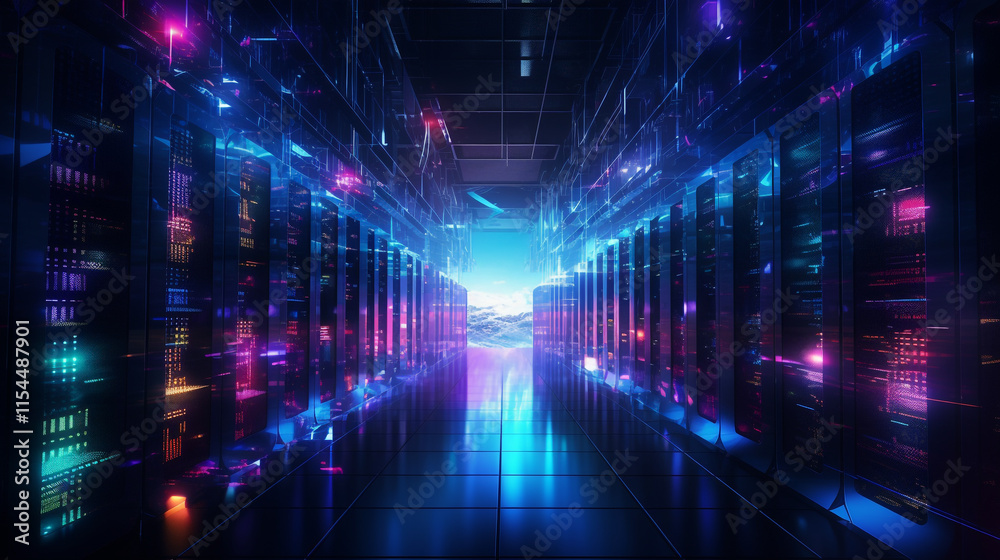 Cybersecurity server room at night with each server Cybersecurity server room at night with each server