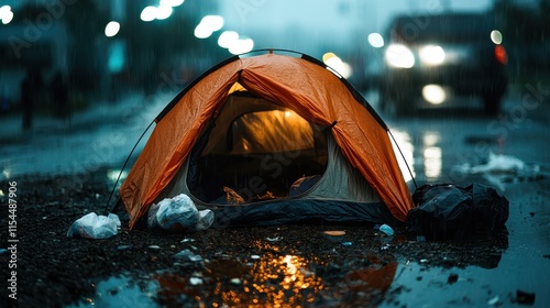 An orange tent is pitched on wet ground with soft glowing lights in the background, reflecting themes of adversity, persistence, and temporary refuge in harsh conditions. photo