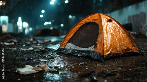 An orange tent stands among litter on a rain-soaked street at night, representing themes of neglect, survival, and perseverance amidst adversity and uncertainty. photo