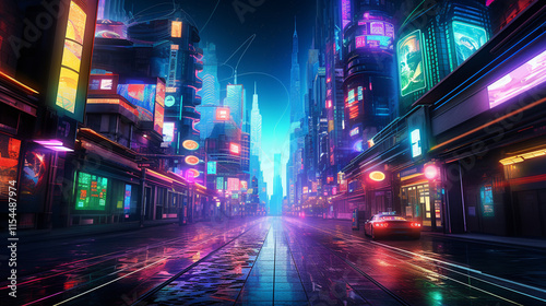 Cyberpunk street at night with each neon sign