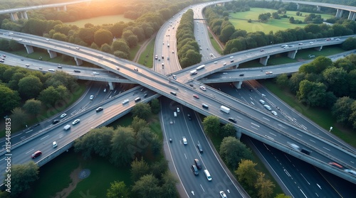 Difficult transport interchange. Intertwined roads and ramps, cars move smoothly through the busy metropolis. Dynamic rhythm of city life.