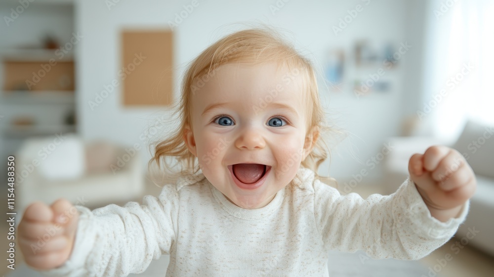 An enthusiastic baby dressed in a creamy white sweater, expressing joy and excitement. The background features a soft, cozy room setting, evoking tenderness. An enthusiastic baby dressed in a creamy white sweater, expressing joy and excitement. The background features a soft, cozy room setting, evoking tenderness.