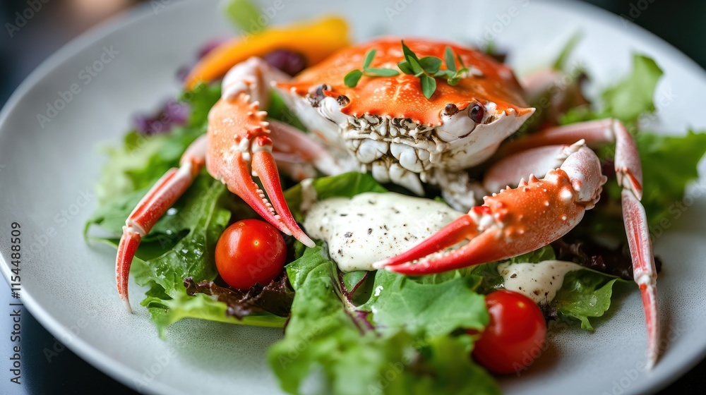 Alaskan Crab salad with mixed greens, cherry tomatoes, and a creamy dressing in a minimalist setup Alaskan Crab salad with mixed greens, cherry tomatoes, and a creamy dressing in a minimalist setup