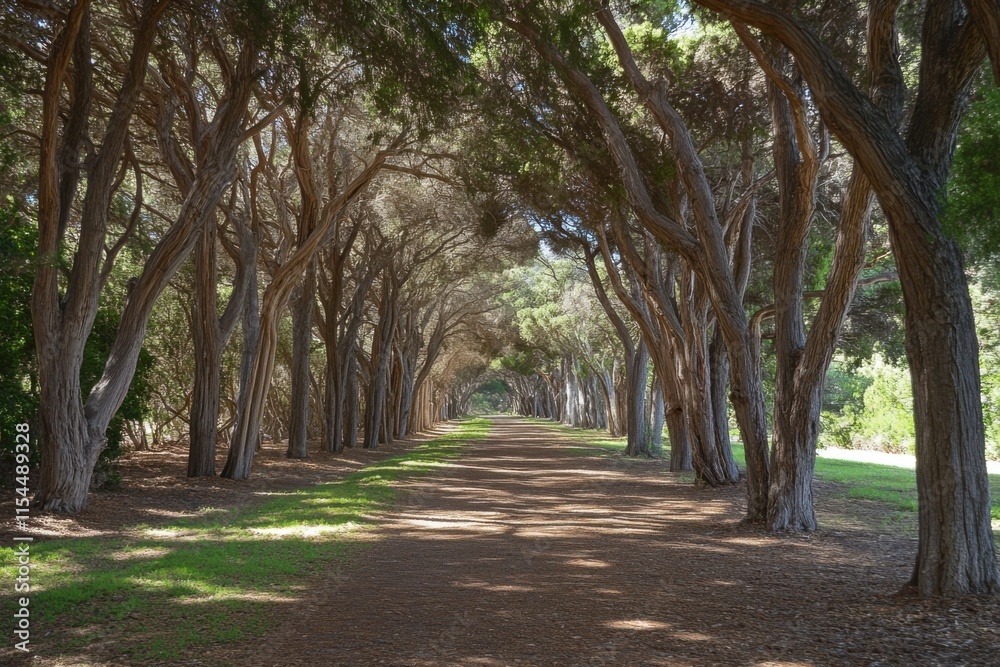 A forest therapy path through tall trees, leading lines composition, filtered sunlight through canopy A forest therapy path through tall trees, leading lines composition, filtered sunlight through canopy