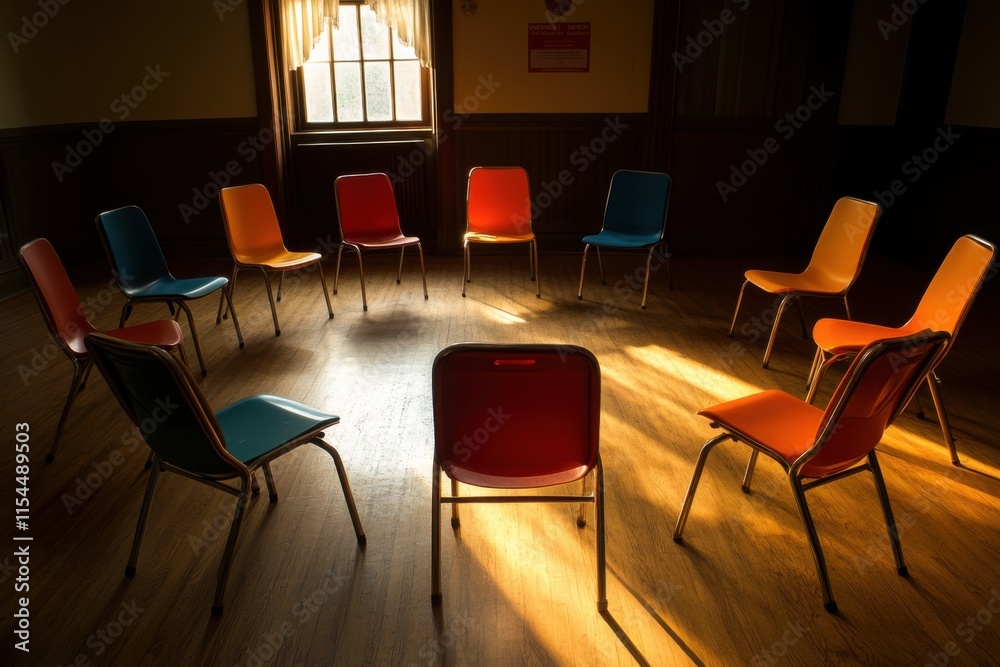 Fototapeta premium A group therapy circle of empty chairs, wide-angle composition, warm interior lighting